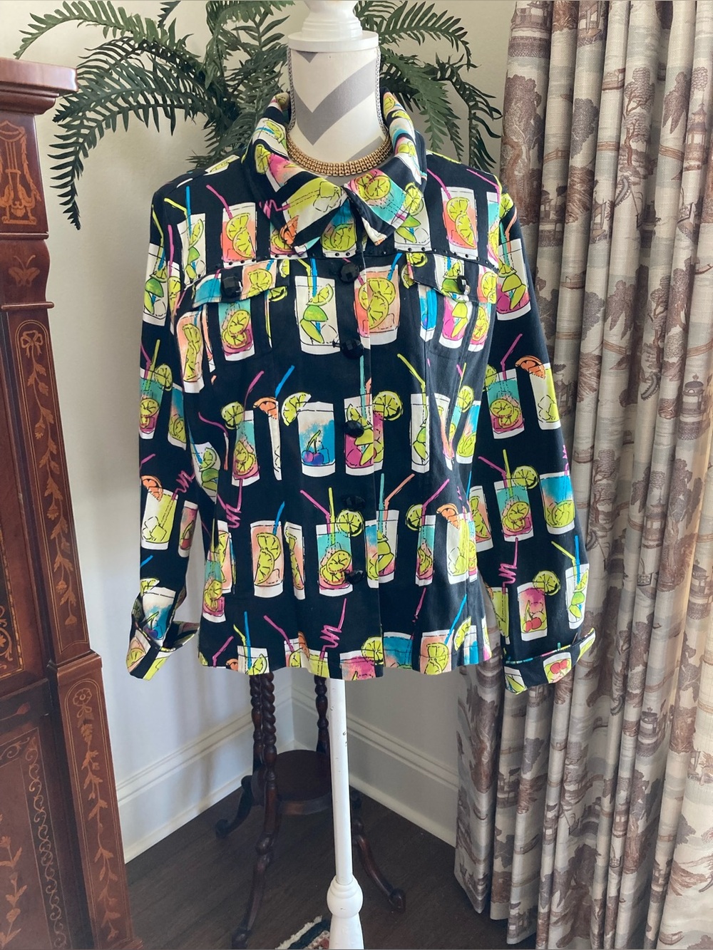 Berek Women's XL Black Multicolor Tropical Novelty Print Button Jacket